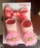Newborn Baby Girl Headwrap & Socks Gift Set – Pink Tulle Bow Design