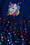 Navy Blue Unicorn Dress with Rainbow Heart Tulle – Girls Party & Casual Wear