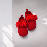 Red Flower Baby Girl Shoes – Soft Sole Party Flats with 3D Rosettes (0–6 Months)