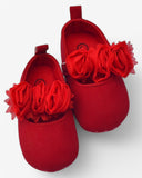 Red Flower Baby Girl Shoes – Soft Sole Party Flats with 3D Rosettes (0–6 Months)
