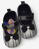 Silver Glitter Baby Girl Shoes – Soft Sole Striped Party Flats with Bow (6–9 Months)
