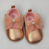 Rose Gold Baby Girl Shoes – Soft Sole Glitter Bow Flats (0-18 Months)