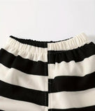 “Teddy Stripe Summer Set – Black & White T-Shirt and Shorts for Babies”