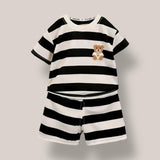 “Teddy Stripe Summer Set – Black & White T-Shirt and Shorts for Babies”