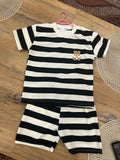 “Teddy Stripe Summer Set – Black & White T-Shirt and Shorts for Babies”