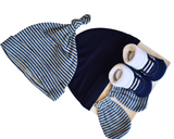Newborn Baby Boy Accessory Set – 6 Piece knotted caps, Mittens & Socks Gift Pack | Navy Blue & Stripes | Soft Cotton